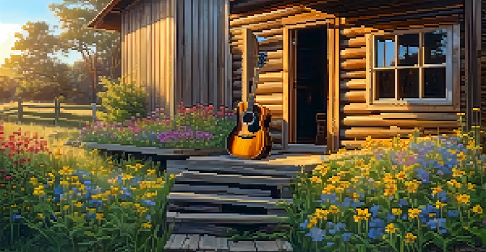 An acoustic guitar placed against a wooden cabin, surrounded by flowers and bathed in warm sunlight.