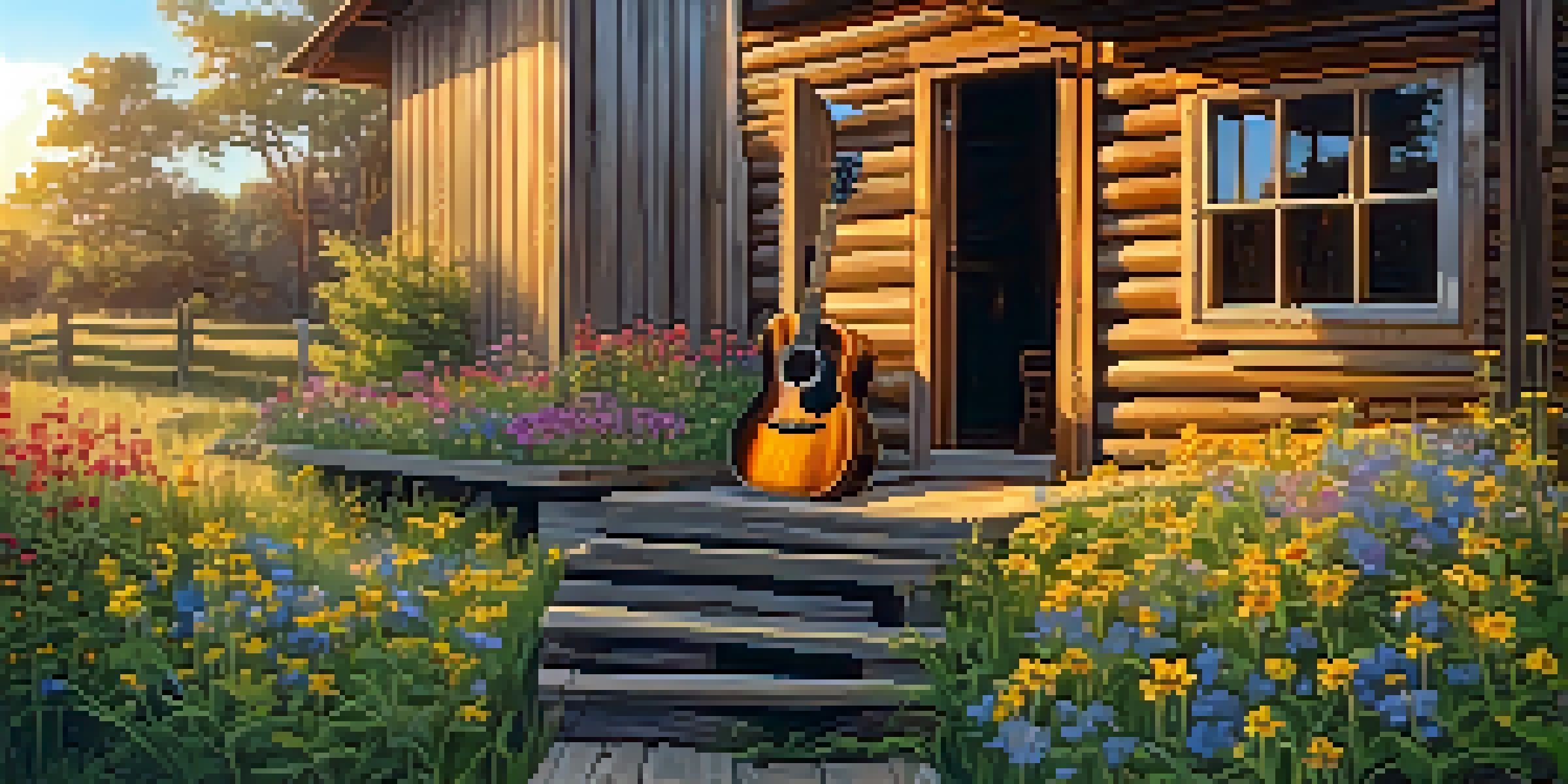 An acoustic guitar placed against a wooden cabin, surrounded by flowers and bathed in warm sunlight.