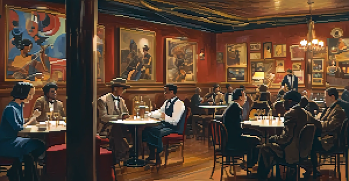 A lively jazz club with a guitar player on stage and patrons enjoying the music at candlelit tables.