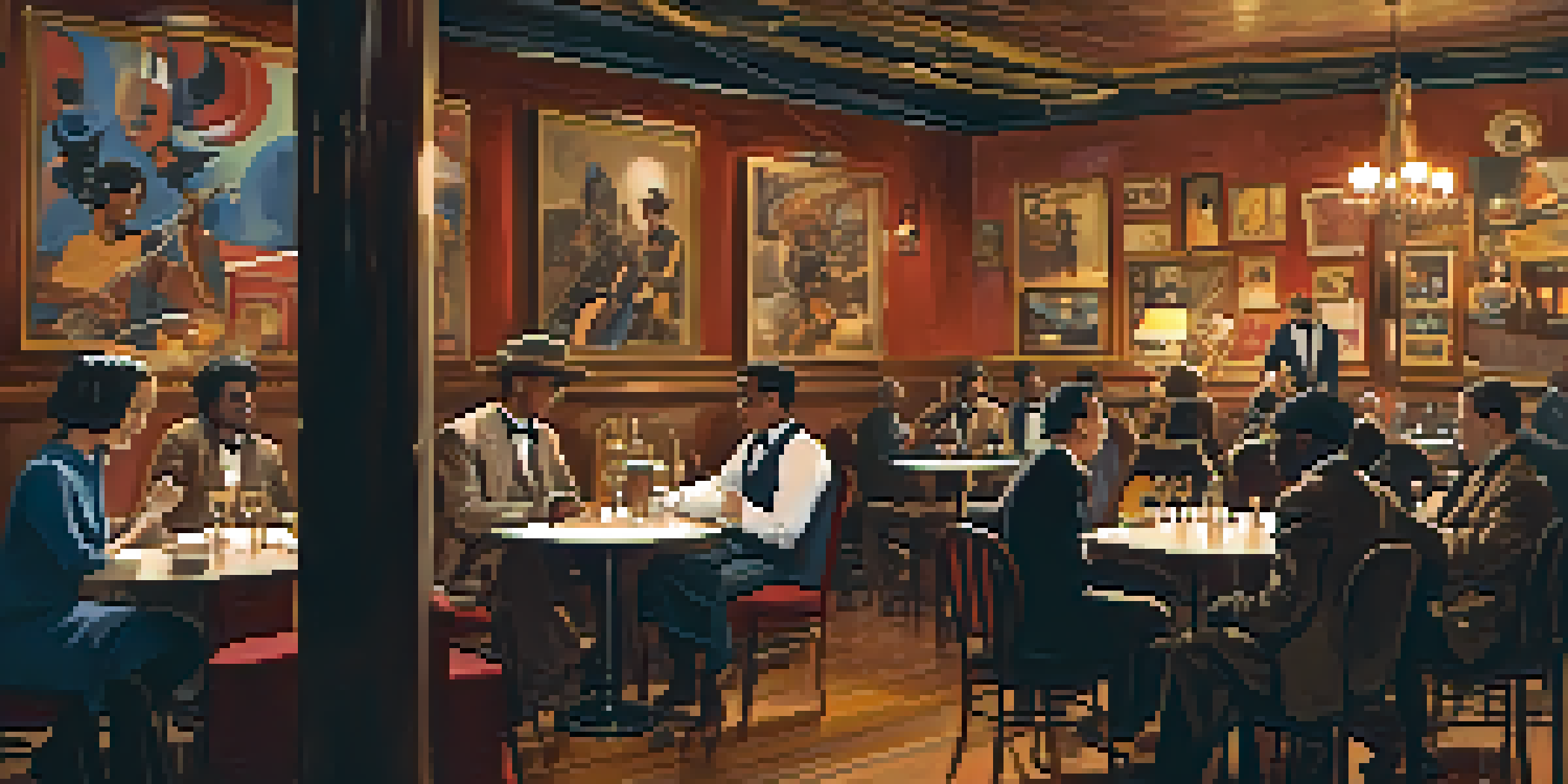 A lively jazz club with a guitar player on stage and patrons enjoying the music at candlelit tables.