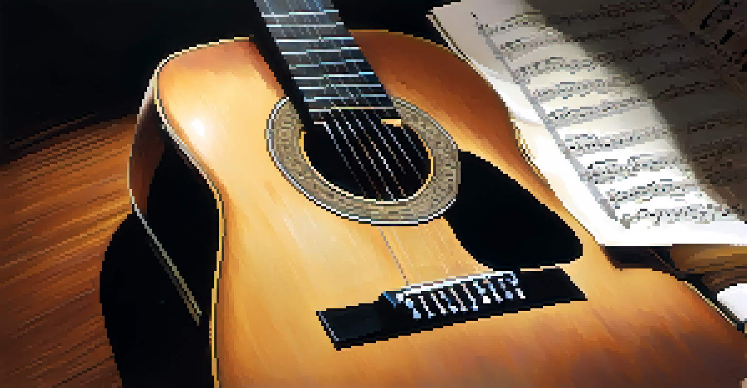 A close-up of a classical guitar on a music stand with sheet music, highlighted by a soft spotlight and blurred orchestra musicians in the background.