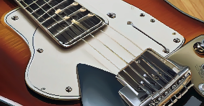 A close-up of an electric guitar on a workbench, showcasing its strings and frets with tools surrounding it.