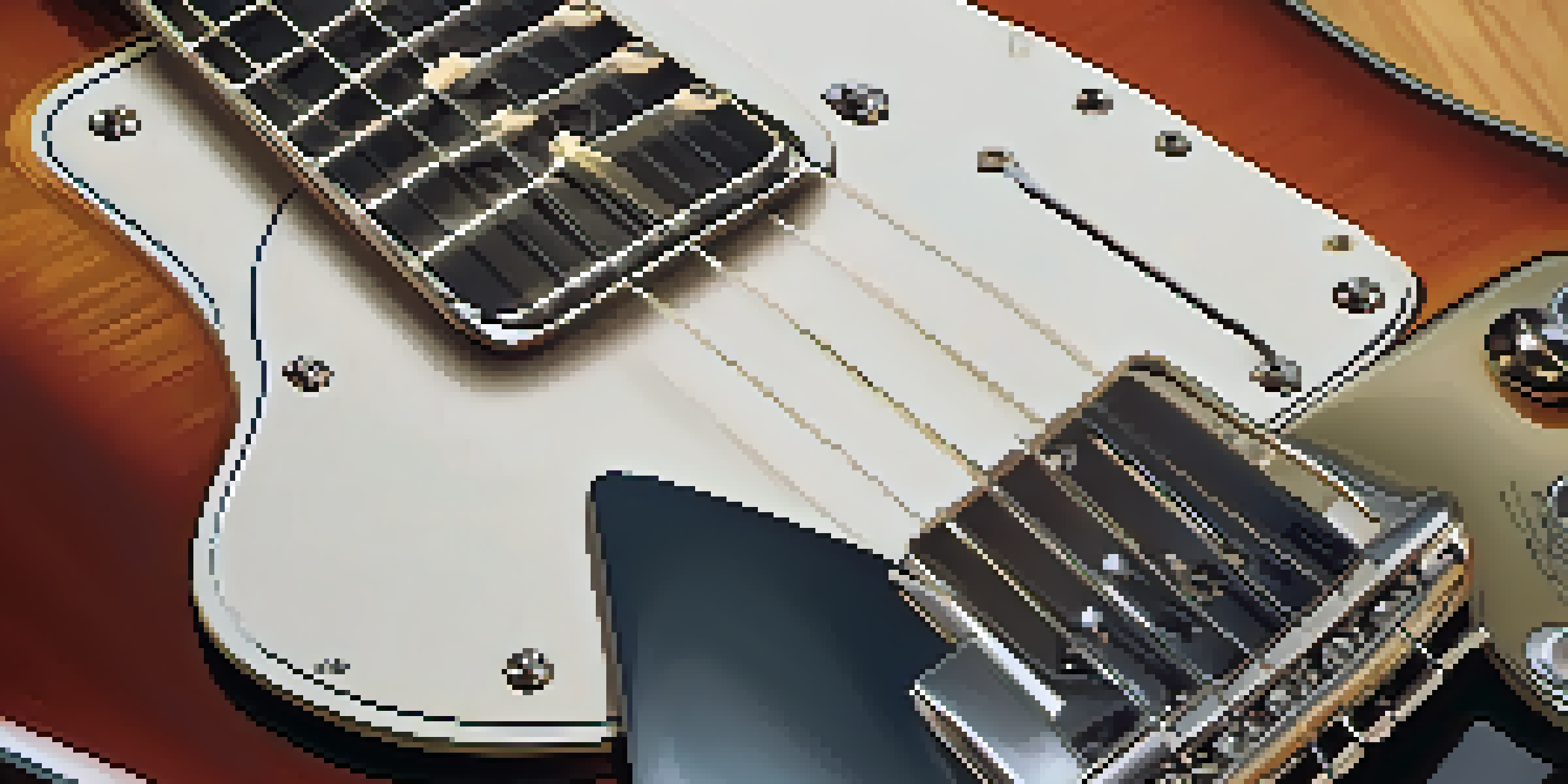 A close-up of an electric guitar on a workbench, showcasing its strings and frets with tools surrounding it.