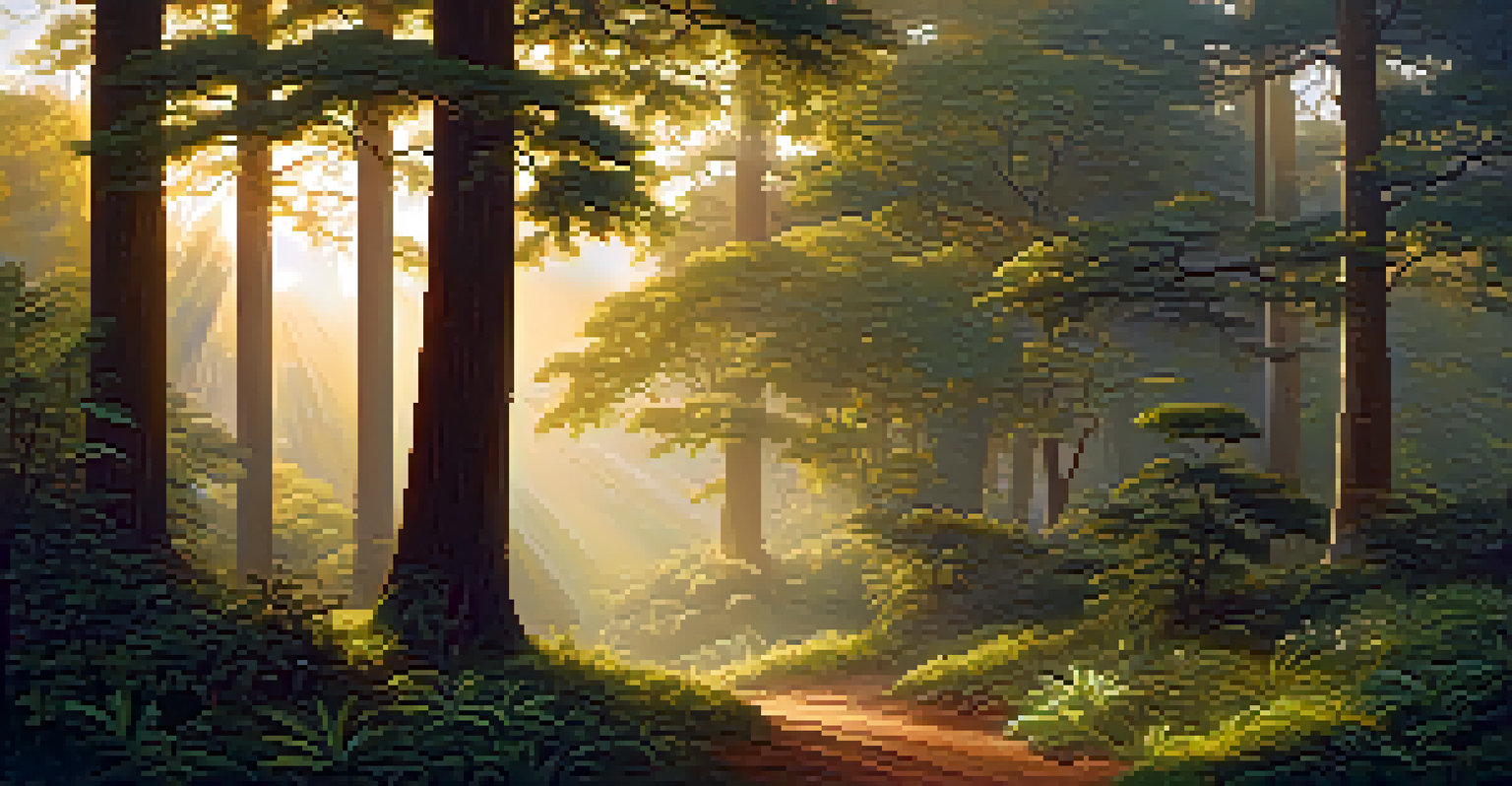 A peaceful forest landscape with mahogany and rosewood trees, bathed in golden sunlight and gentle mist.