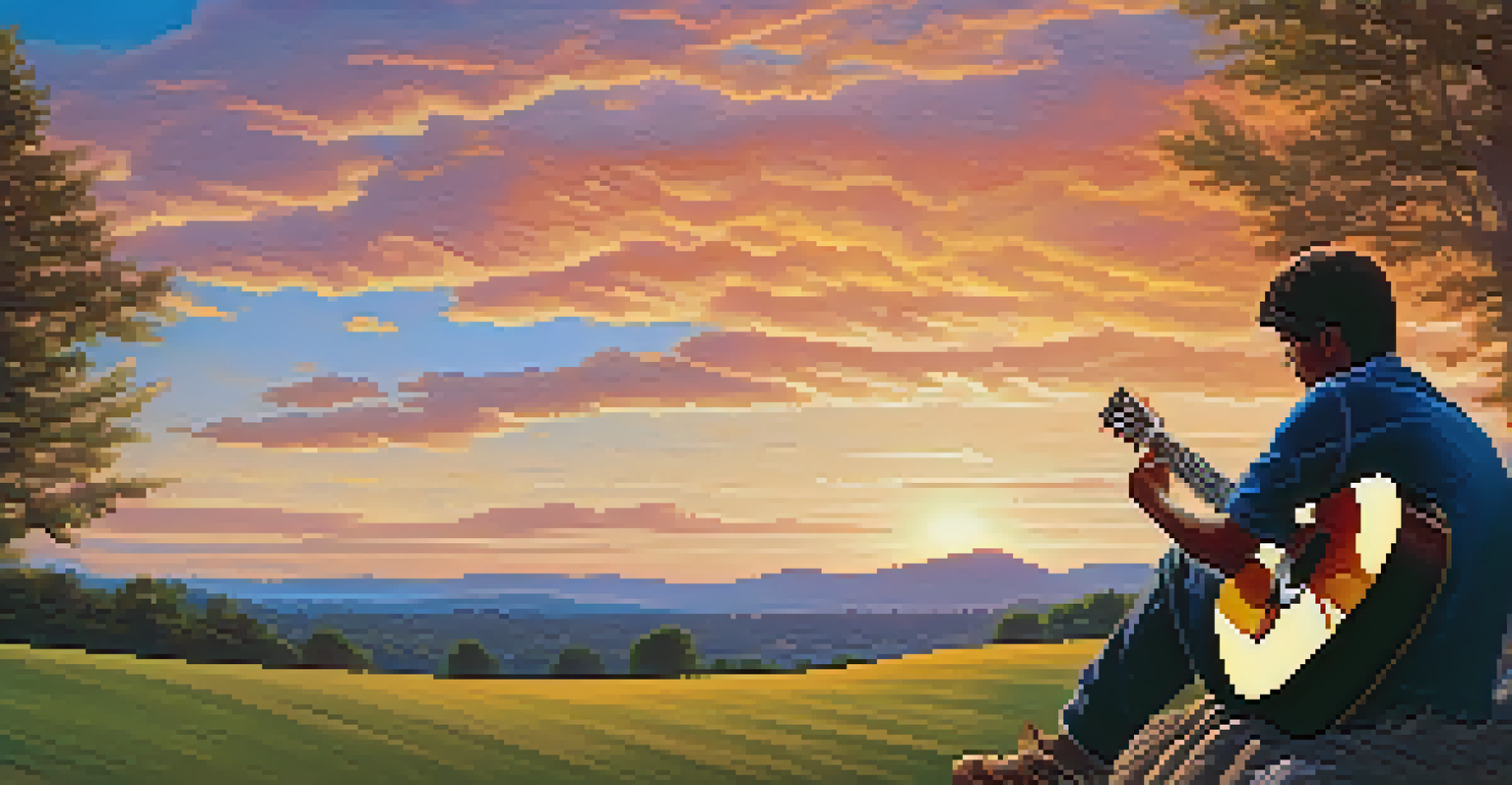 A person playing an acoustic guitar on a grassy hill at sunset, with colorful skies and trees in the background.