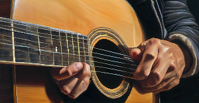 A close-up of a musician's hands playing an acoustic guitar with soft lights in the background.