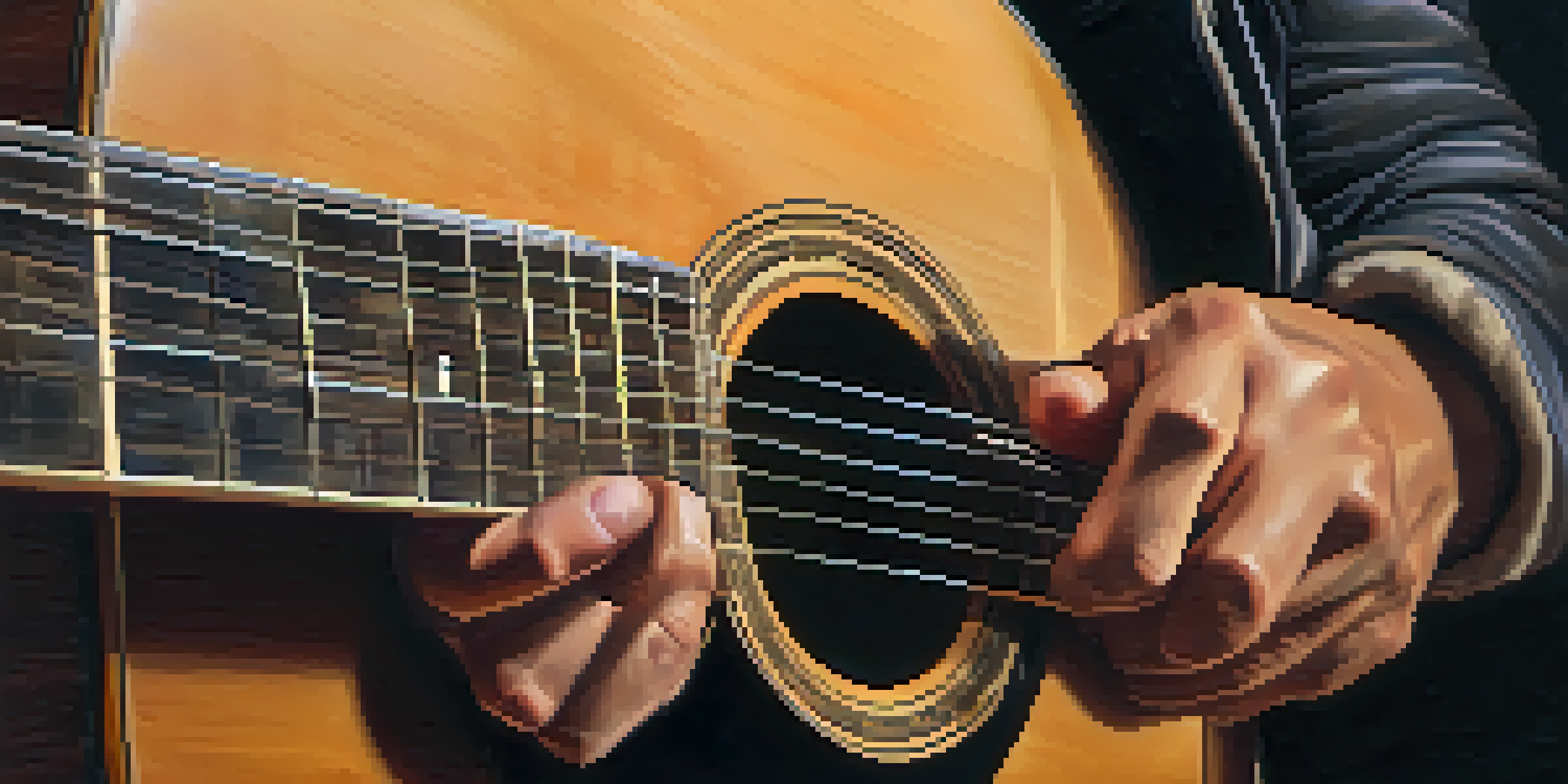 A close-up of a musician's hands playing an acoustic guitar with soft lights in the background.