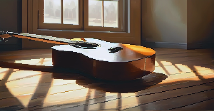 A close-up of a guitar on a wooden stage with sunlight filtering through a window, accompanied by scattered sheet music.