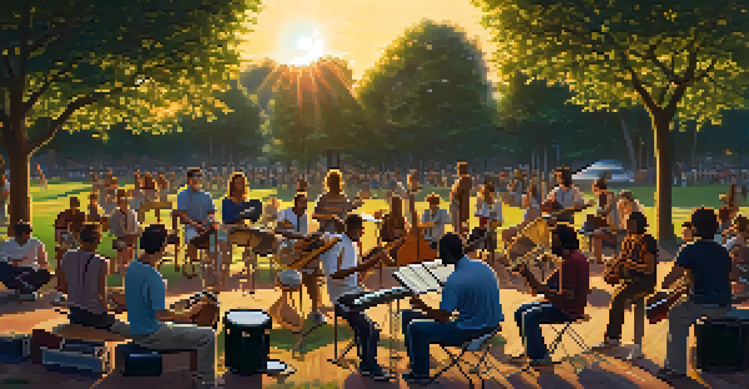 An outdoor music jam session in a park with musicians playing various instruments as the sun sets in the background.
