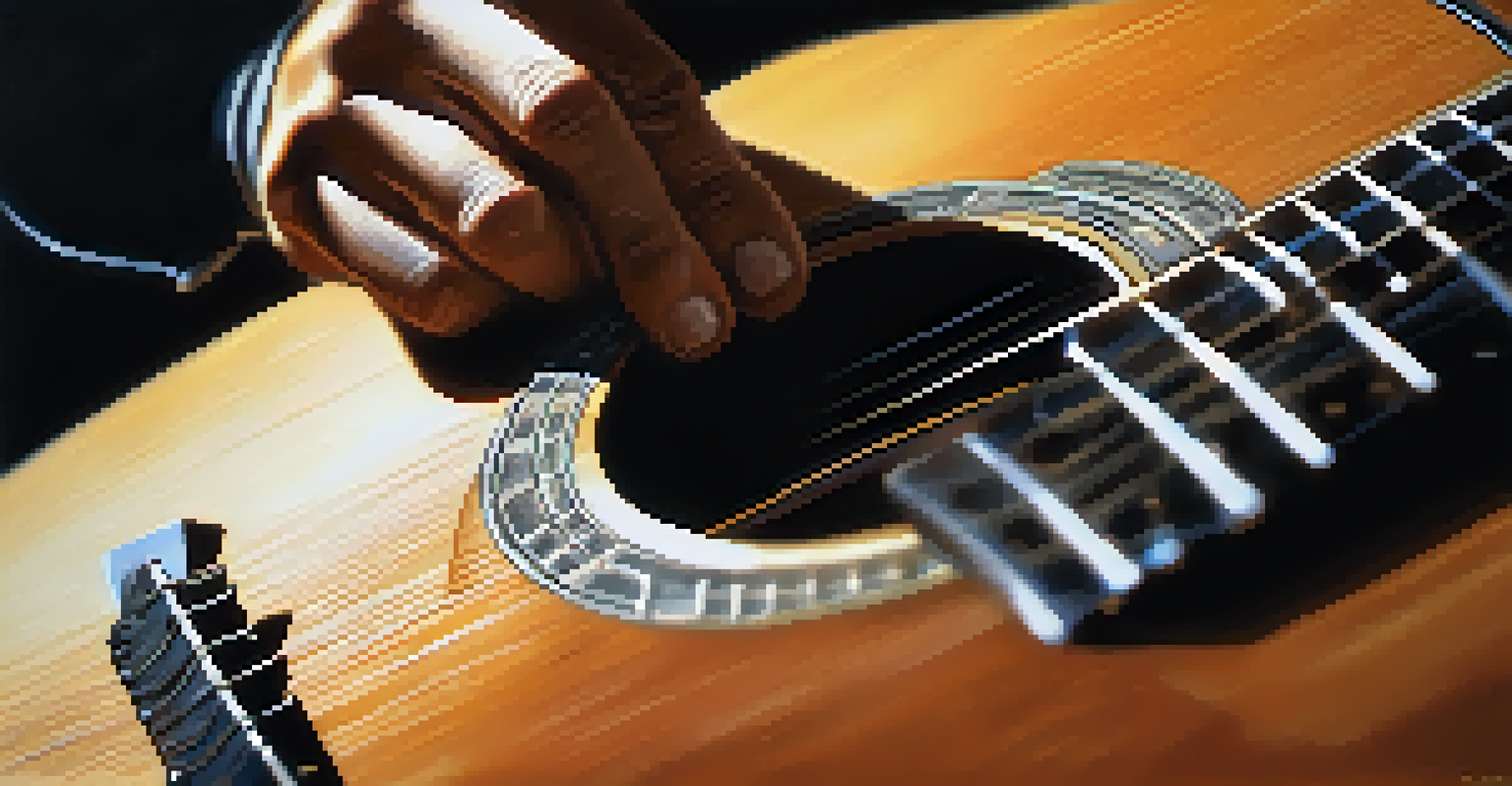 A close-up of a hand strumming an acoustic guitar, showcasing the texture of the wood and strings with a softly blurred background.