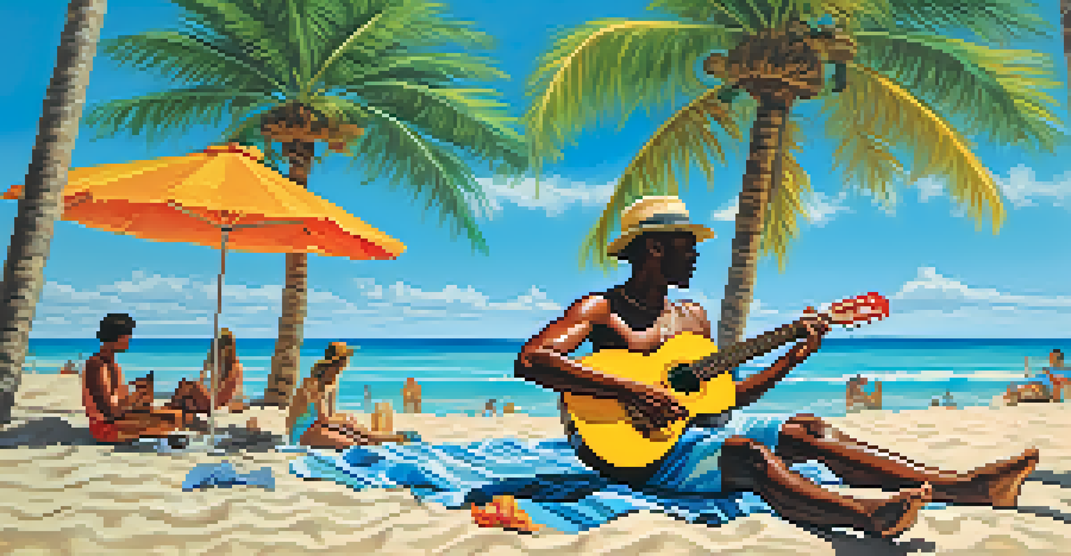 A musician playing guitar on a sunny beach with palm trees, embodying a tropical vibe and cheerful atmosphere.