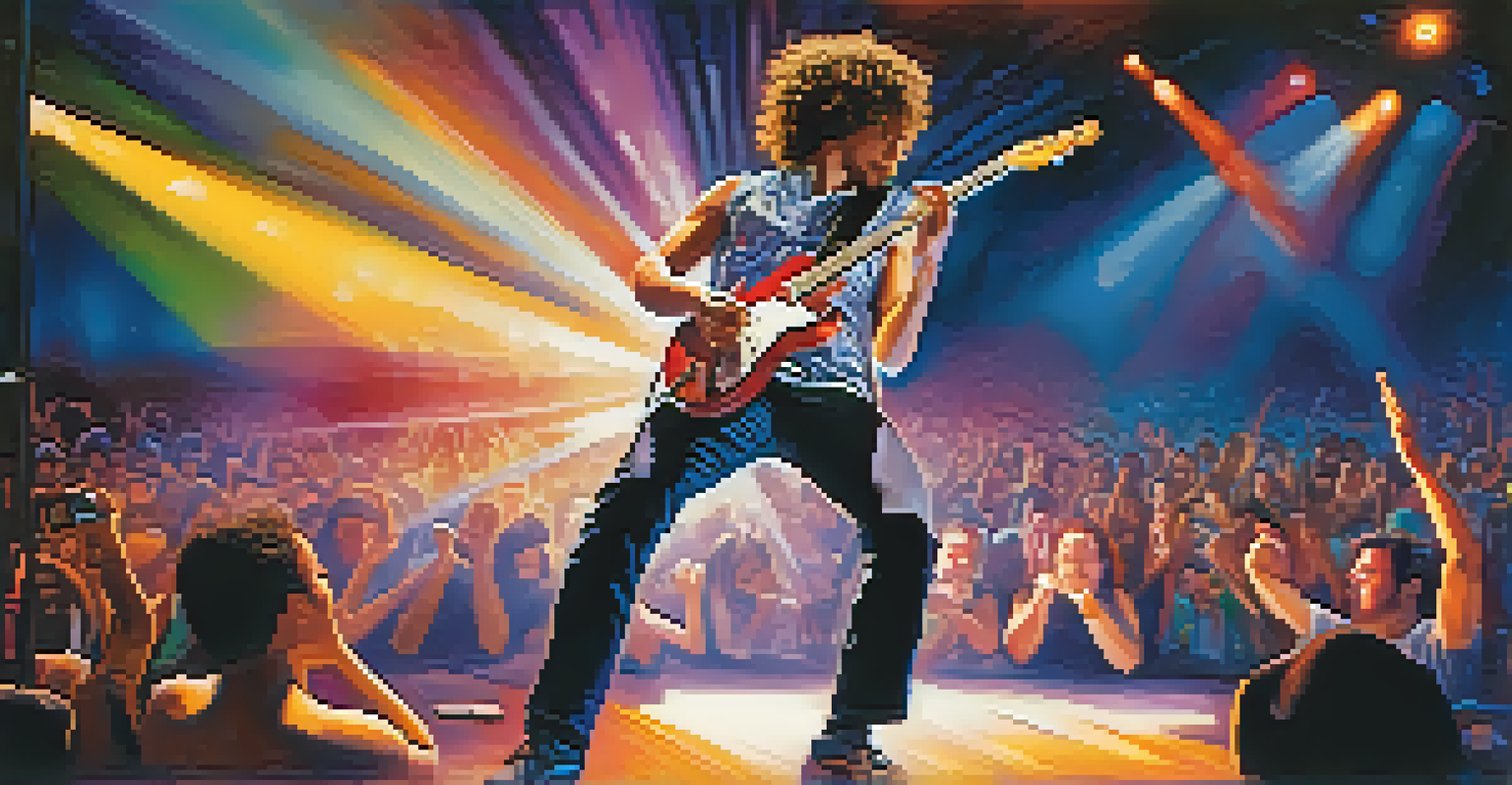 A guitarist performing at a funk concert, using slap and pop techniques, with colorful stage lights and a dancing audience in the background.