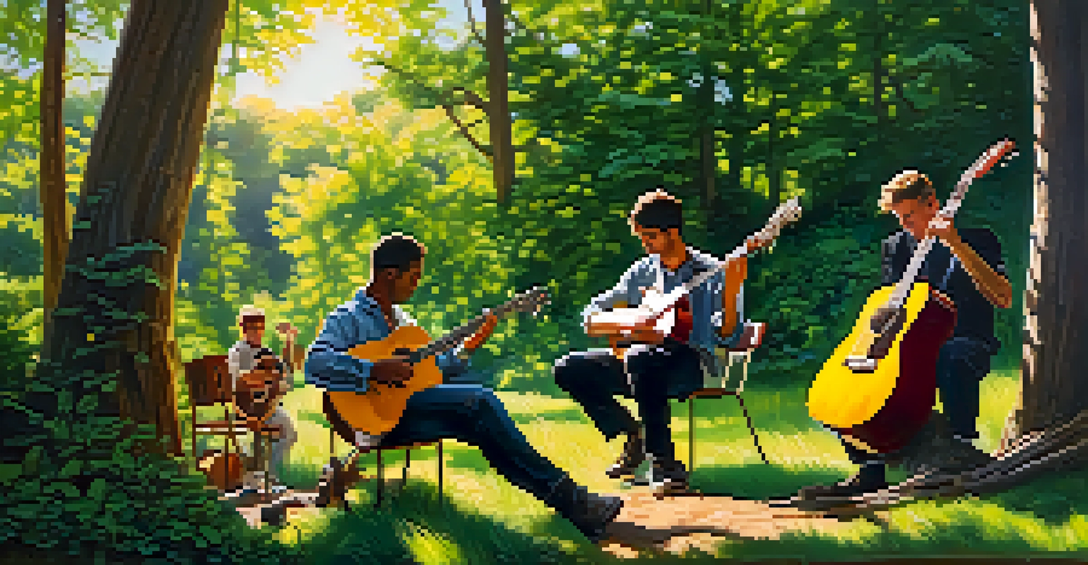 A group of musicians playing guitars outdoors, highlighting one guitarist using hybrid picking under natural light.