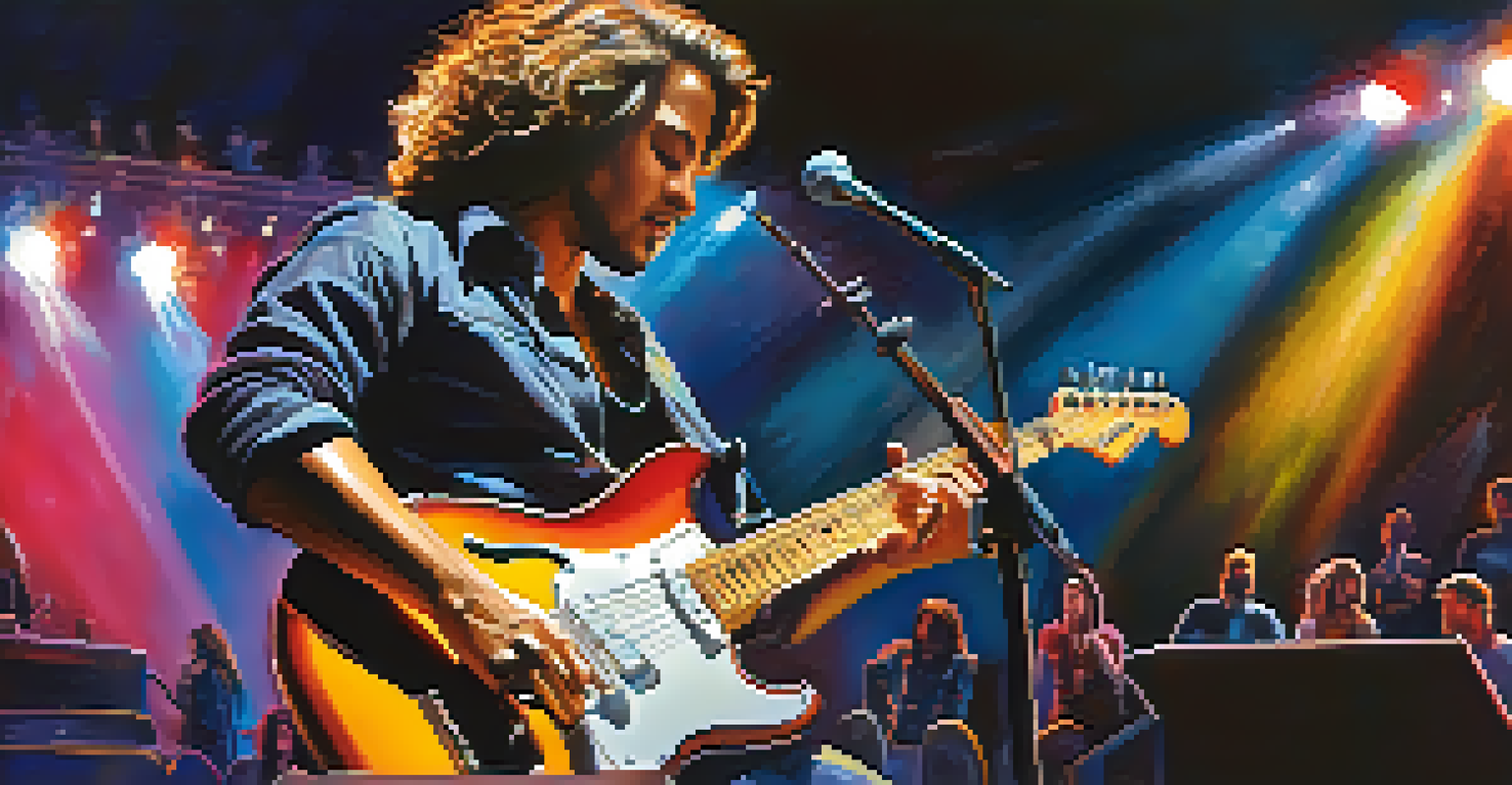A guitarist on stage performing with colorful lights and an engaged audience, with musical notes flowing around.
