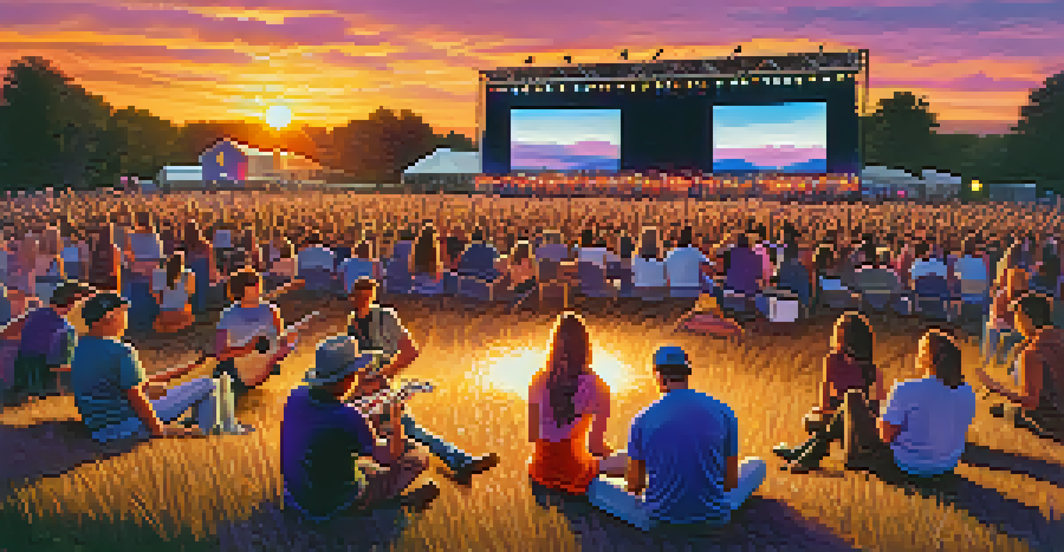 A country music festival at sunset with musicians playing electric guitars on stage and a lively audience dancing in front.
