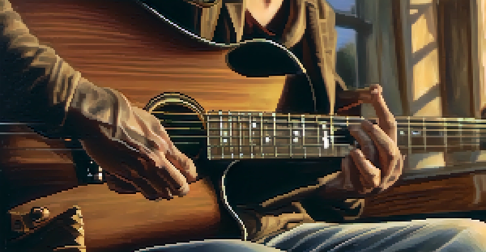 A close-up view of a guitarist's hands playing, with warm lighting illuminating the guitar's wood.