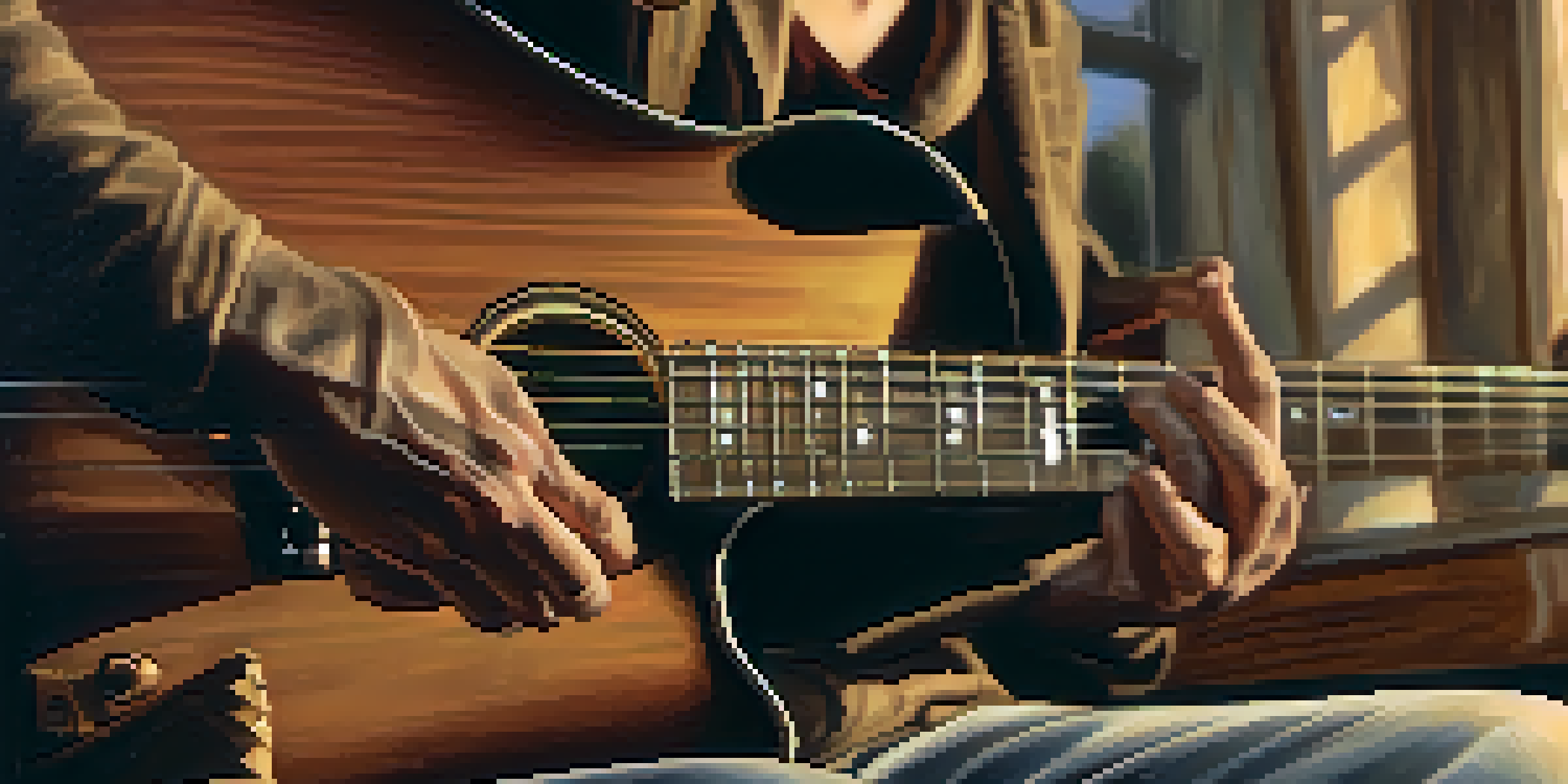 A close-up view of a guitarist's hands playing, with warm lighting illuminating the guitar's wood.