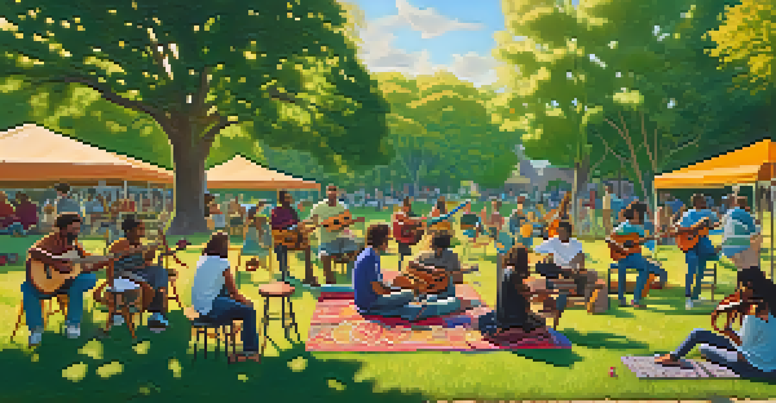A diverse group of musicians in a park, playing instruments together in a circle during a jam session under golden sunlight.