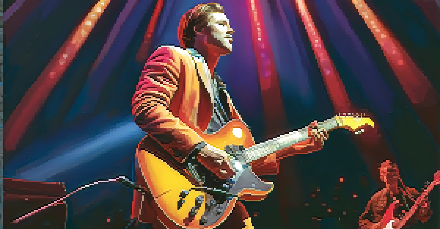 A musician performing on stage with a guitar, surrounded by colorful stage lights, capturing the energy of a live performance.