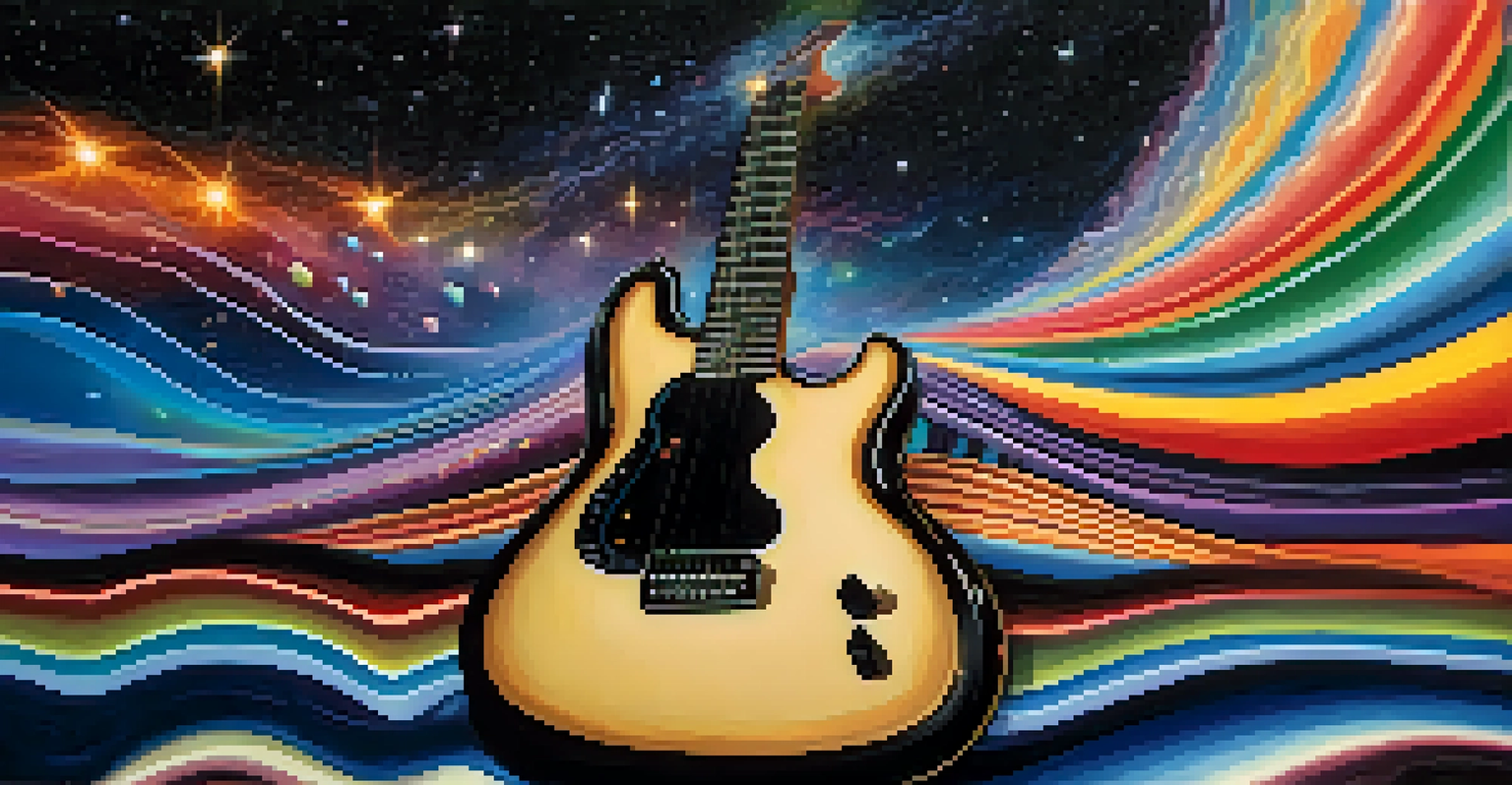 Abstract representation of sound waves emanating from a guitar into a galaxy of stars.