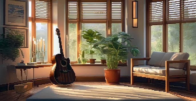 A peaceful meditation corner with a rug, plants, candles, and a guitar bathed in soft sunlight.