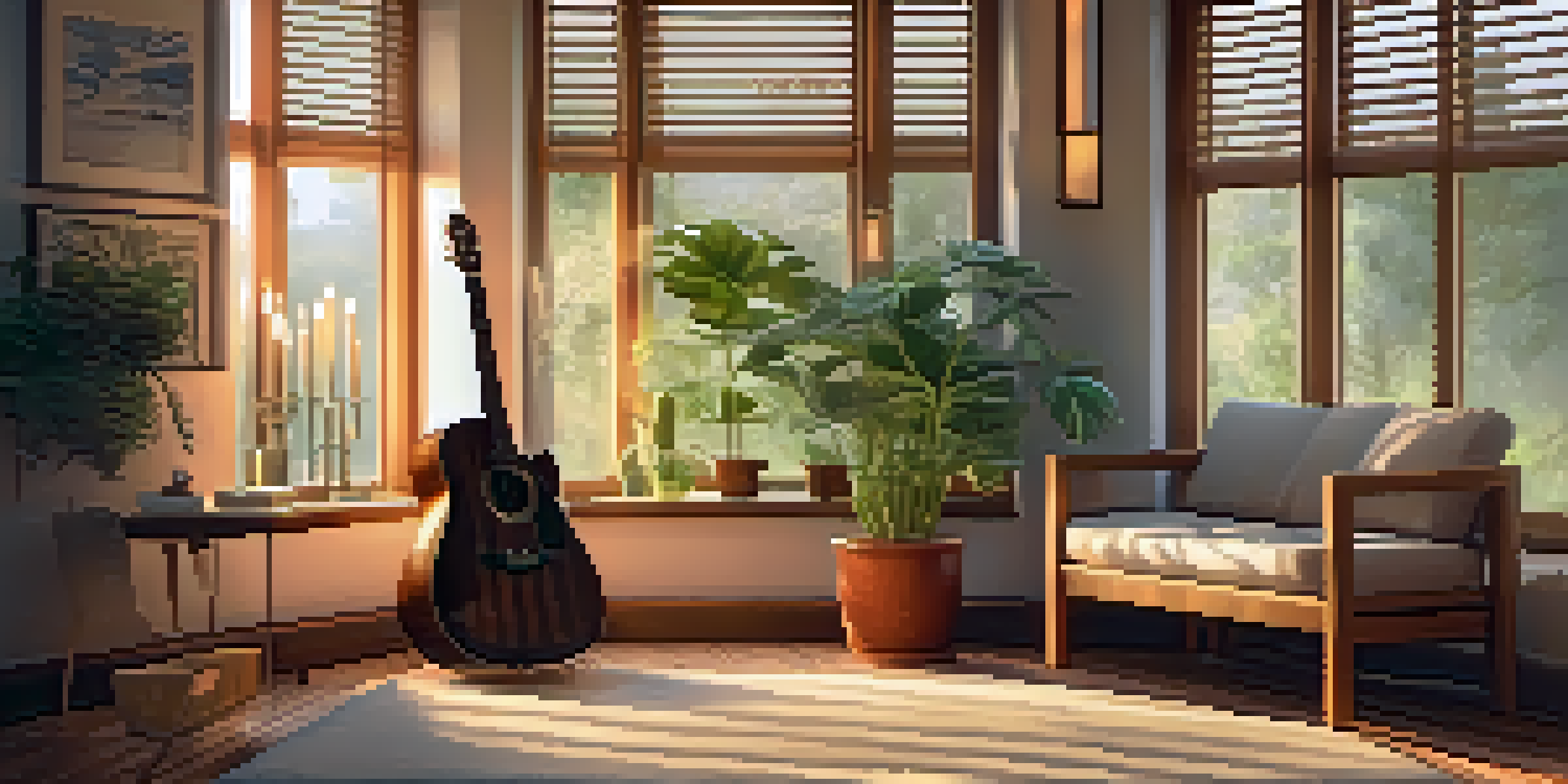 A peaceful meditation corner with a rug, plants, candles, and a guitar bathed in soft sunlight.