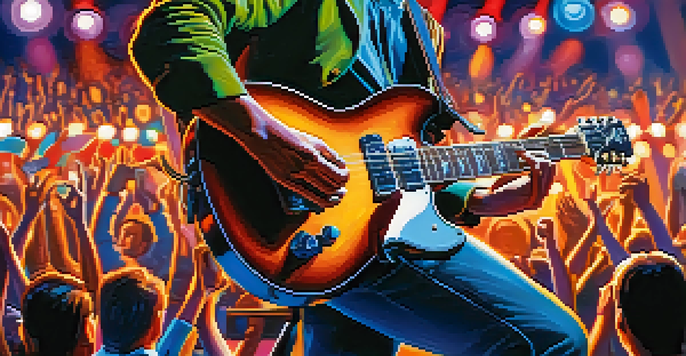 A guitarist's hands playing a guitar on stage with colorful lights and an engaged audience in the background.