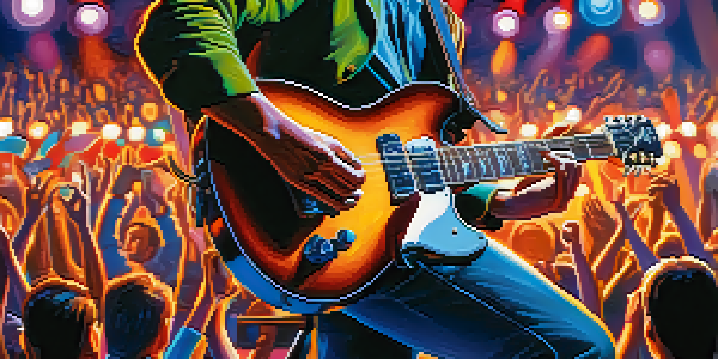 A guitarist's hands playing a guitar on stage with colorful lights and an engaged audience in the background.