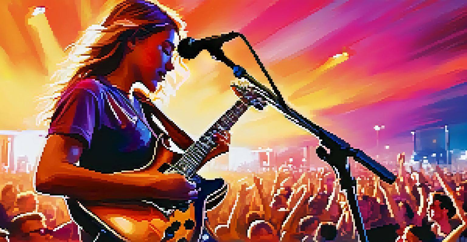 A guitarist and vocalist performing at a vibrant outdoor music festival.