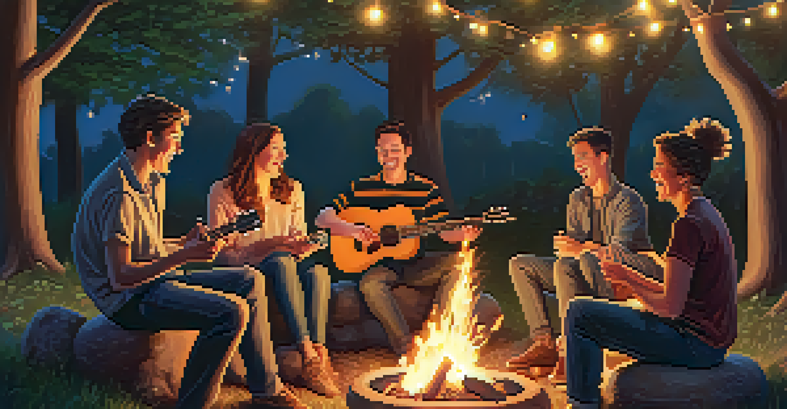 A group of adults playing guitars around a fire pit at dusk, surrounded by trees and fairy lights.