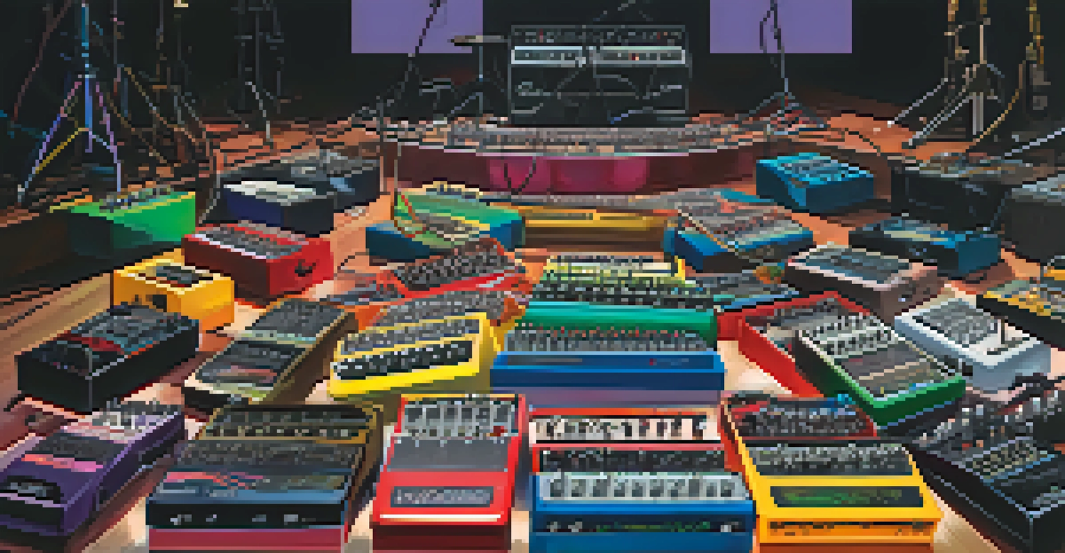 Various guitar effects pedals on a stage with colorful lights and a blurred concert background.