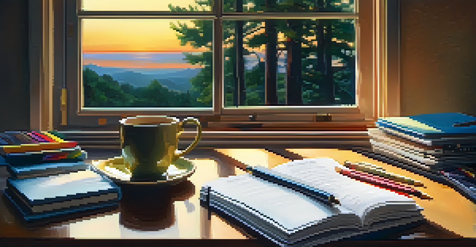 An artist's desk with notebooks, colorful pens, and a coffee mug, set against a backdrop of a sunset view through the window.