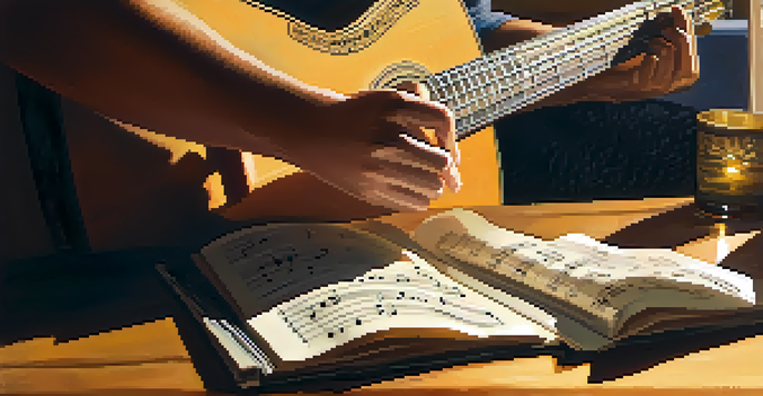 A musician's hands on an acoustic guitar with sheet music and a notebook in a sunlit room.