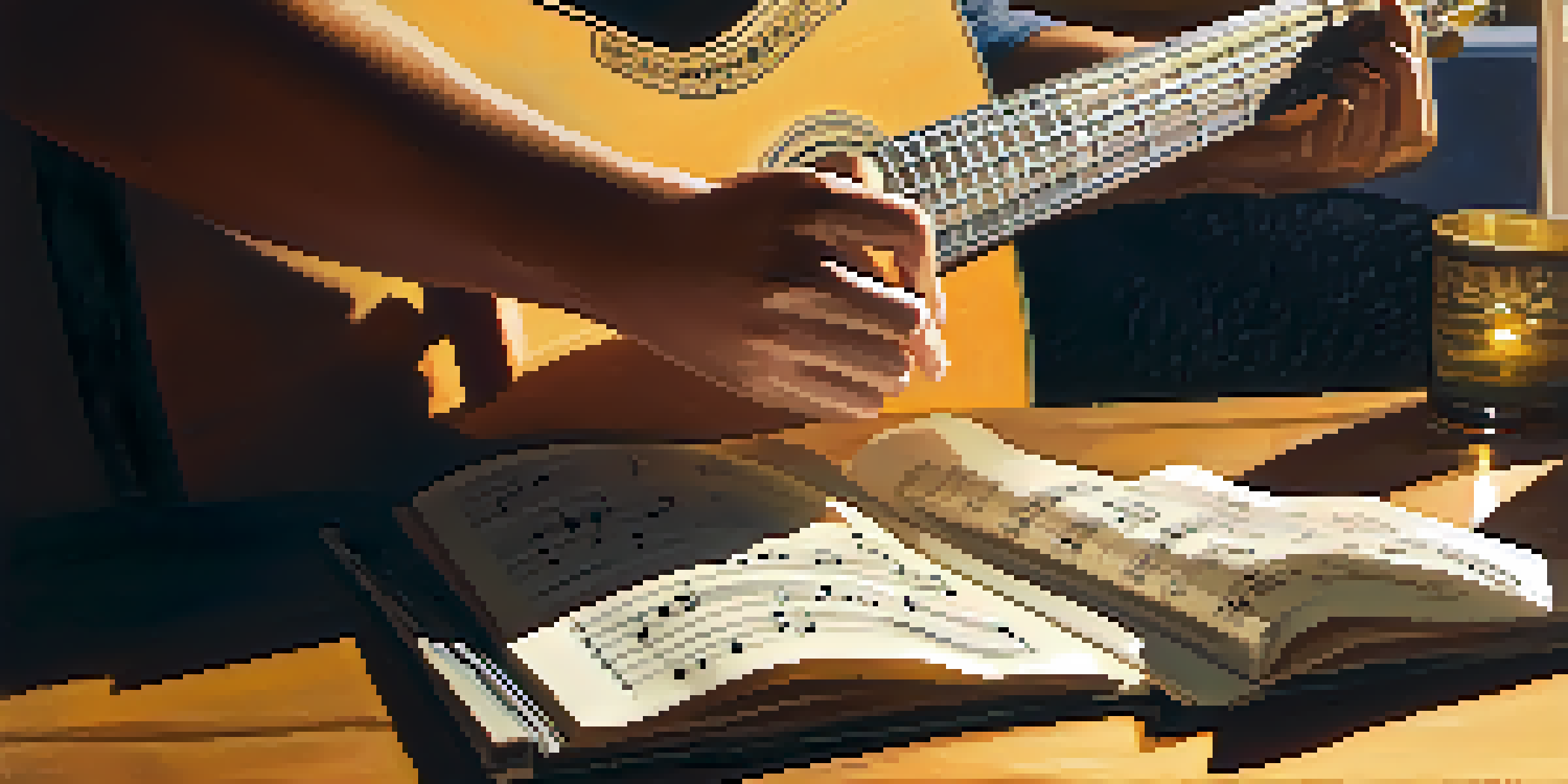 A musician's hands on an acoustic guitar with sheet music and a notebook in a sunlit room.