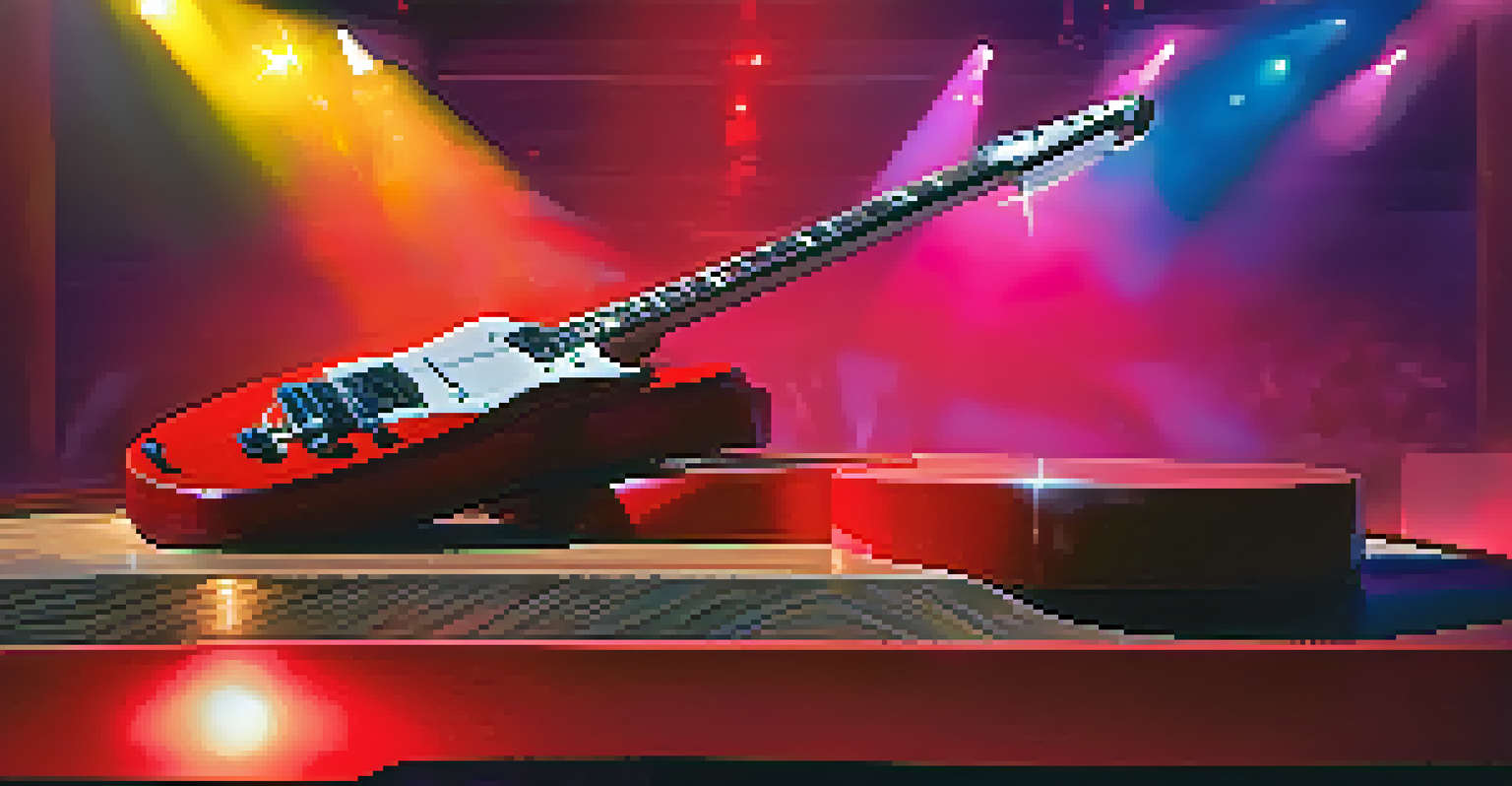 An electric guitar on a stage with colorful lights, showcasing its red color and sleek design, with blurred audience silhouettes in the foreground.