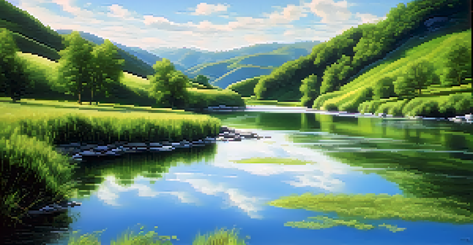 A peaceful landscape with a winding river and green hills under a blue sky.