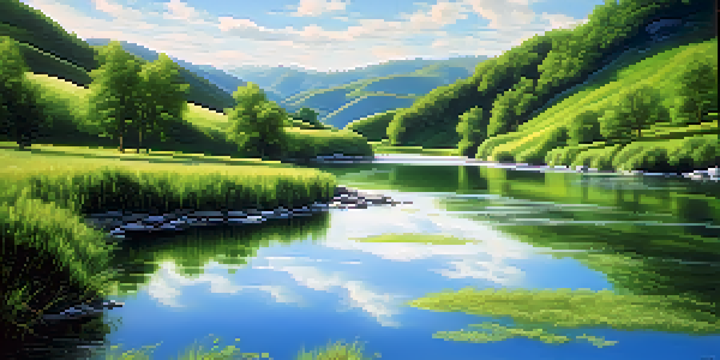 A peaceful landscape with a winding river and green hills under a blue sky.