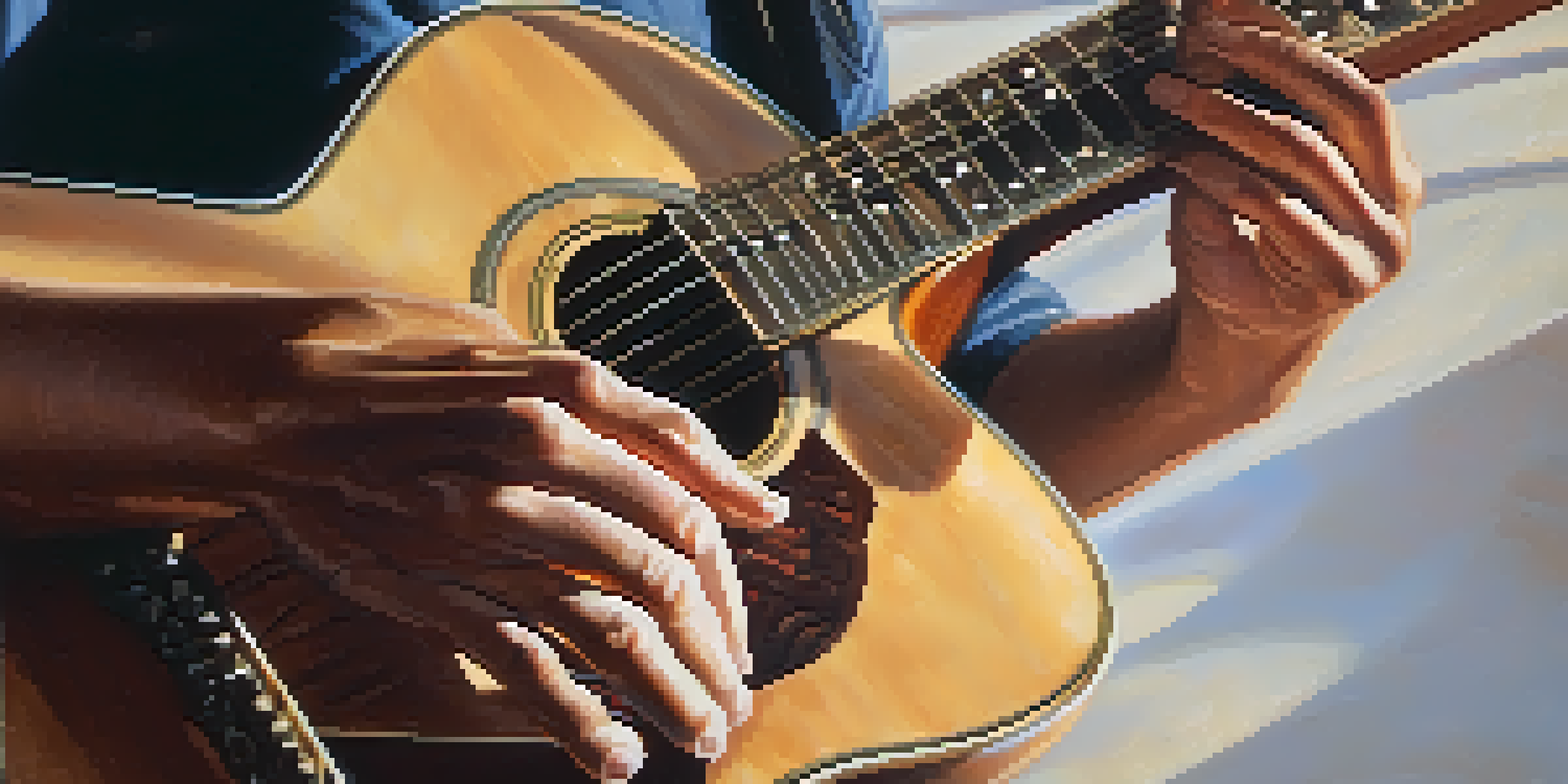 A close-up view of a guitarist's hands playing a chromatic scale on an acoustic guitar, highlighting finger movement and techniques.