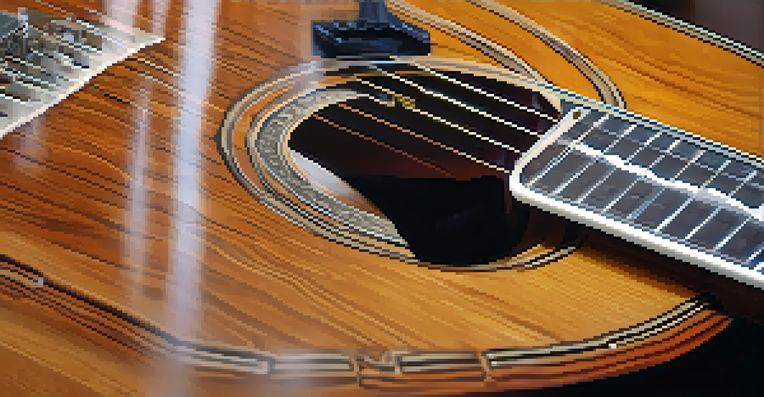 A polished guitar neck showcasing beautiful wood grain and a glossy finish with care items in the background.