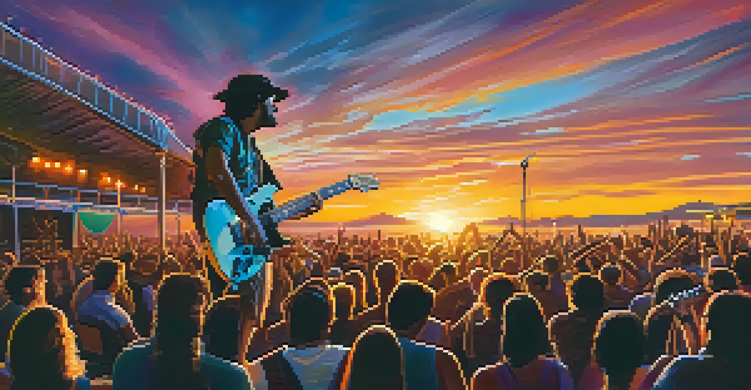 A guitarist and vocalist performing live on stage during sunset, with colorful lights and an engaged audience.