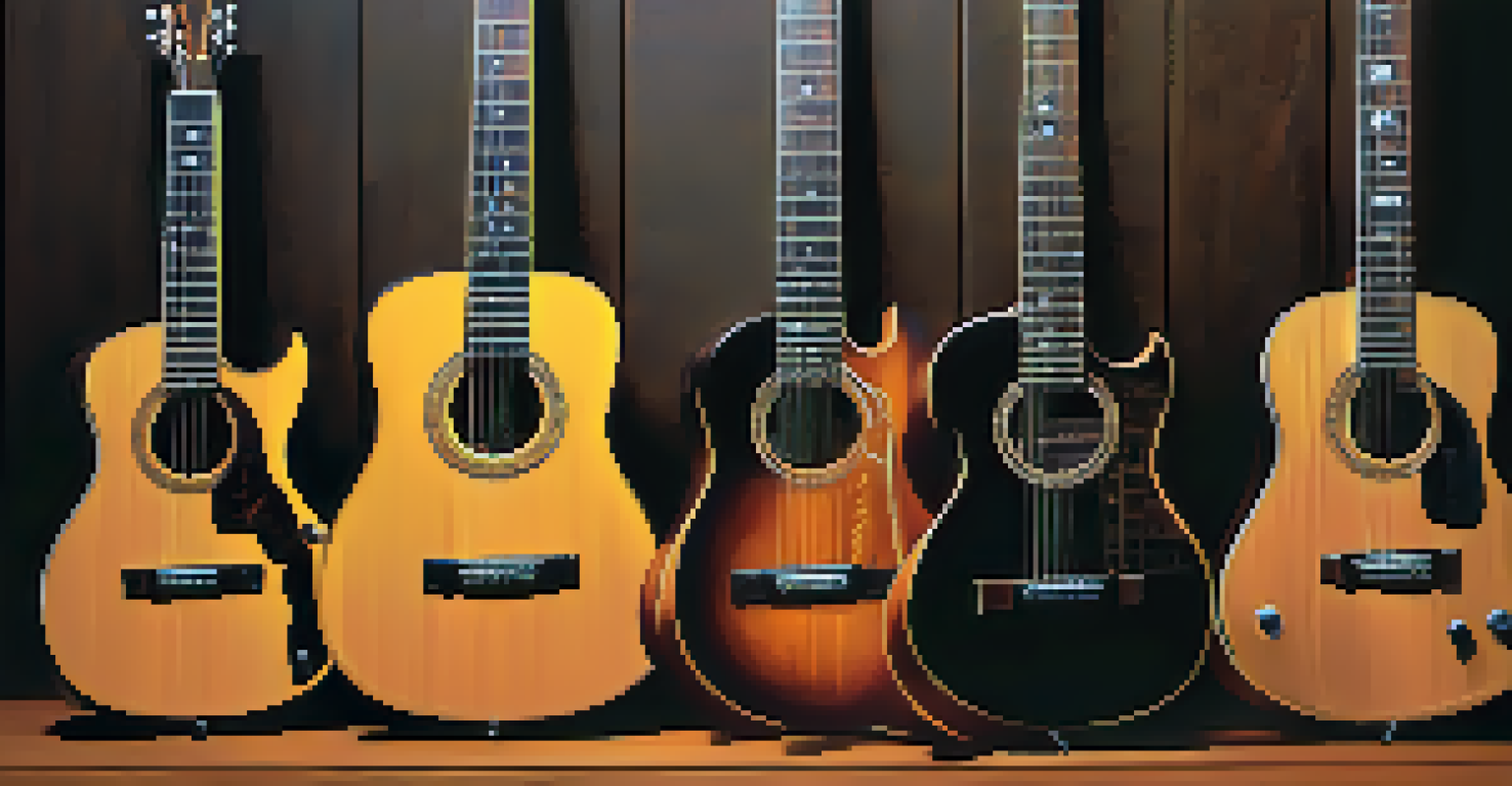 An artistic display of different guitar neck profiles on a wooden table, with labels and soft lighting.