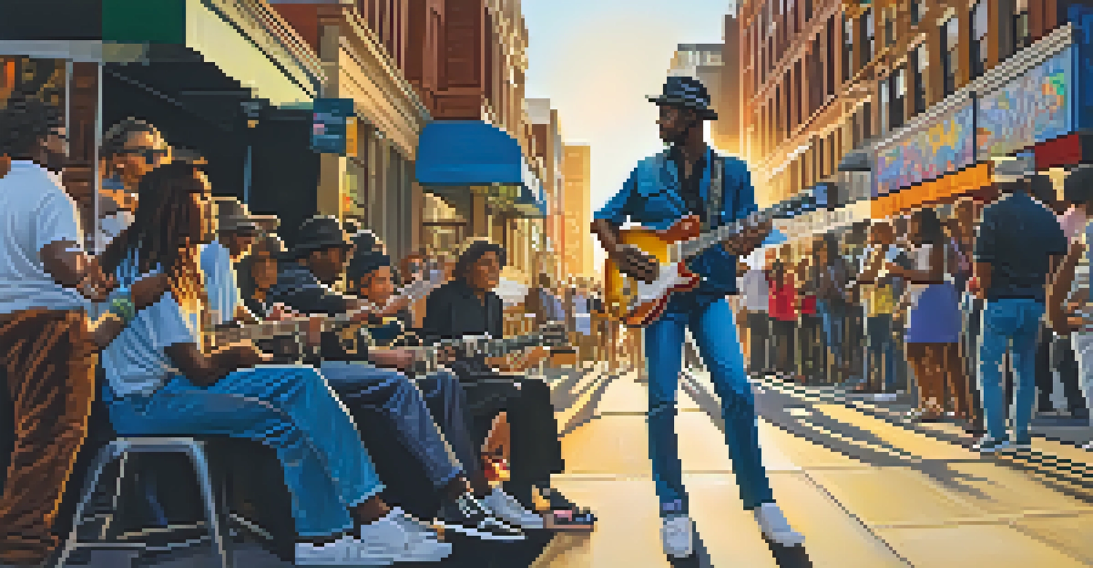 A blues guitarist performing on a city sidewalk with colorful graffiti, surrounded by an audience and a golden sunset.