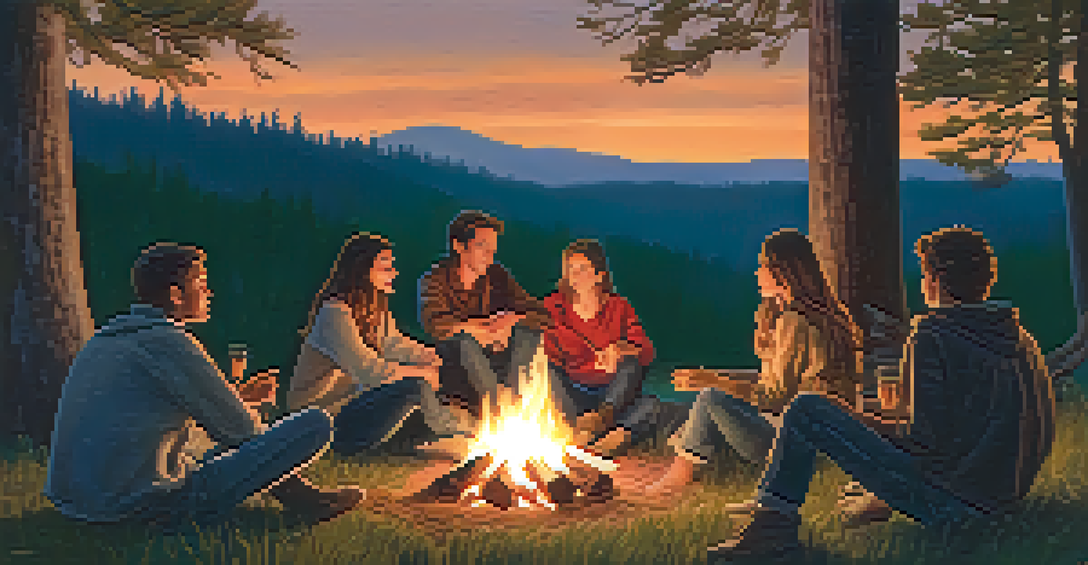 A group of friends around a campfire at dusk, with one person playing the guitar, creating a warm and joyful atmosphere.