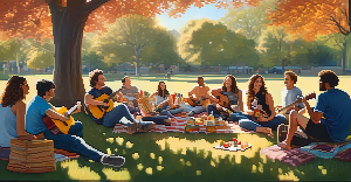 A diverse group of guitarists enjoying a music meetup in a sunny park, surrounded by snacks and nature.