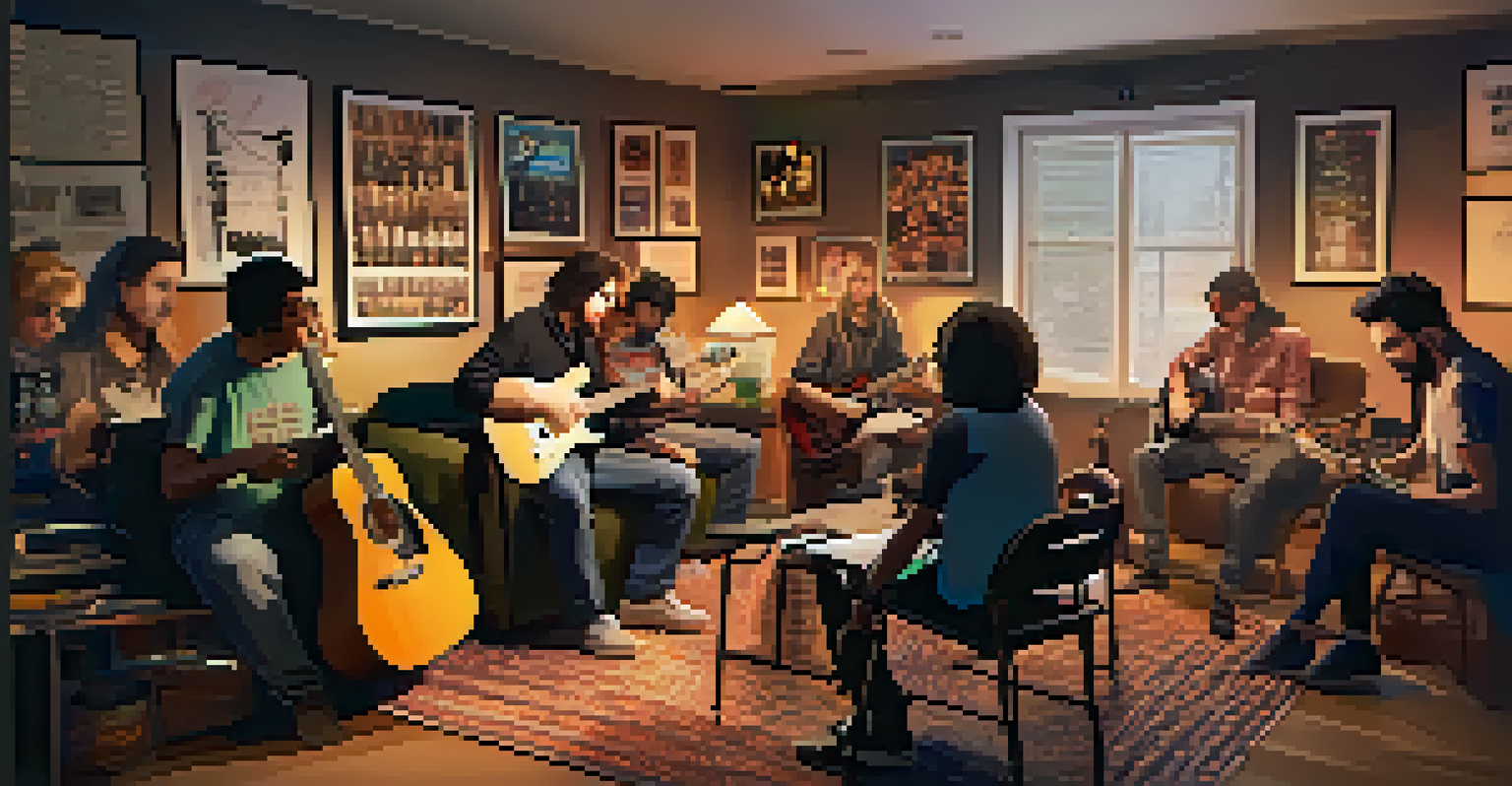 A diverse group of guitarists interacting around a computer in a cozy room filled with guitars and music sheets.