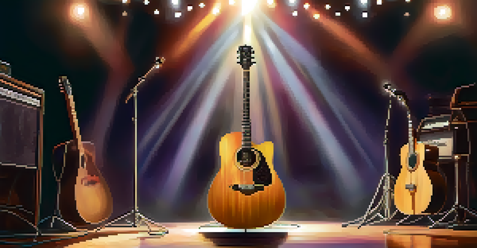 An empty guitar competition stage illuminated by soft lights, with a spotlight on a guitar stand and a microphone, creating an atmosphere of anticipation.