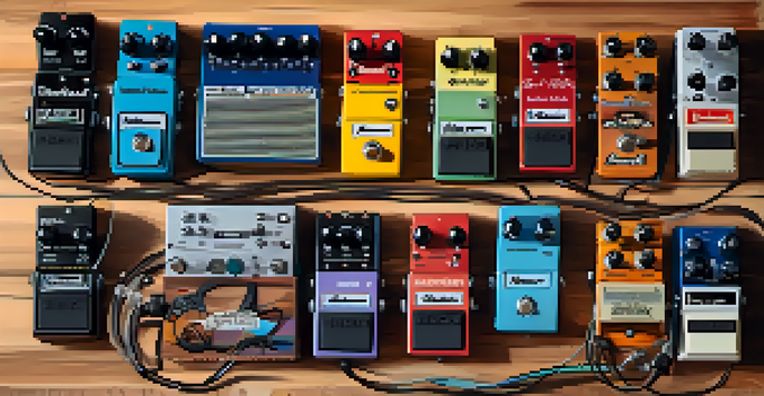 A flat lay image of guitar effects pedals on a wooden table, showcasing colorful cables and natural light shadows.