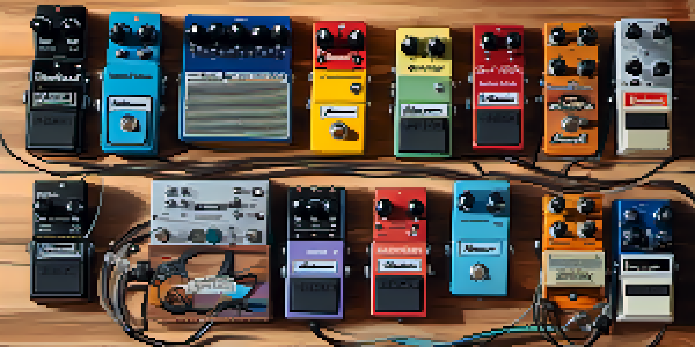 A flat lay image of guitar effects pedals on a wooden table, showcasing colorful cables and natural light shadows.