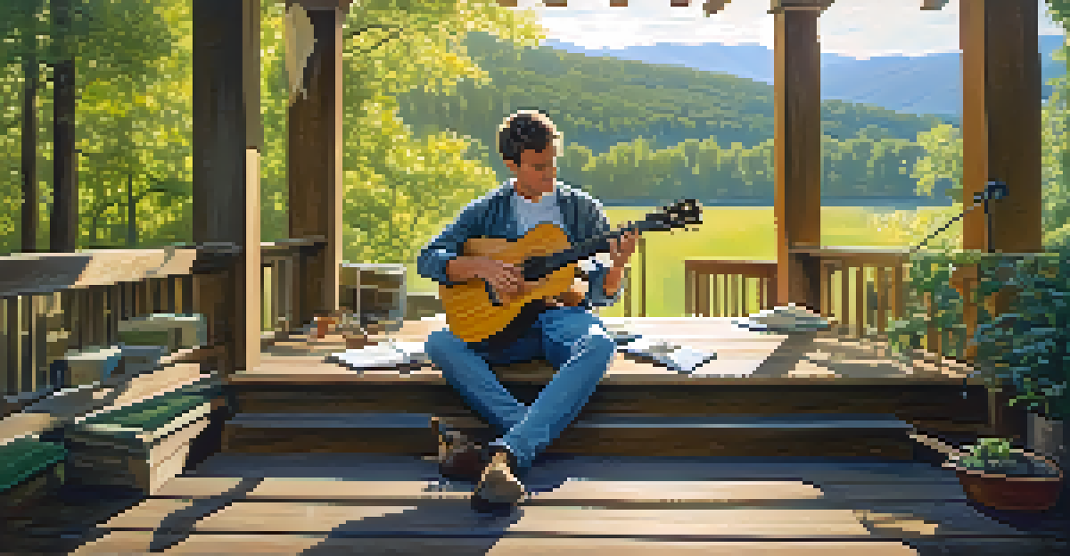 A guitarist sitting on a wooden porch in nature, practicing chord progressions with a notebook of song ideas, bathed in warm sunlight.
