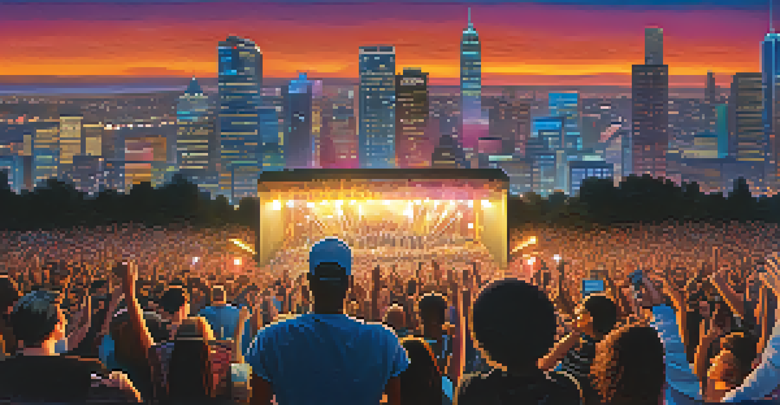 A dynamic concert scene with a rock band and hip-hop artists performing together, surrounded by an excited and diverse crowd.